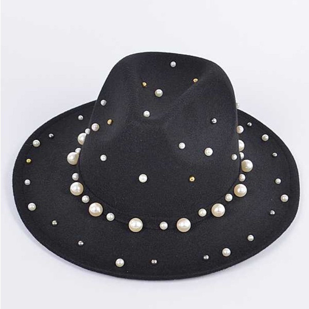 Wide Brim Fedora Hat With Pearls and Metal Accents